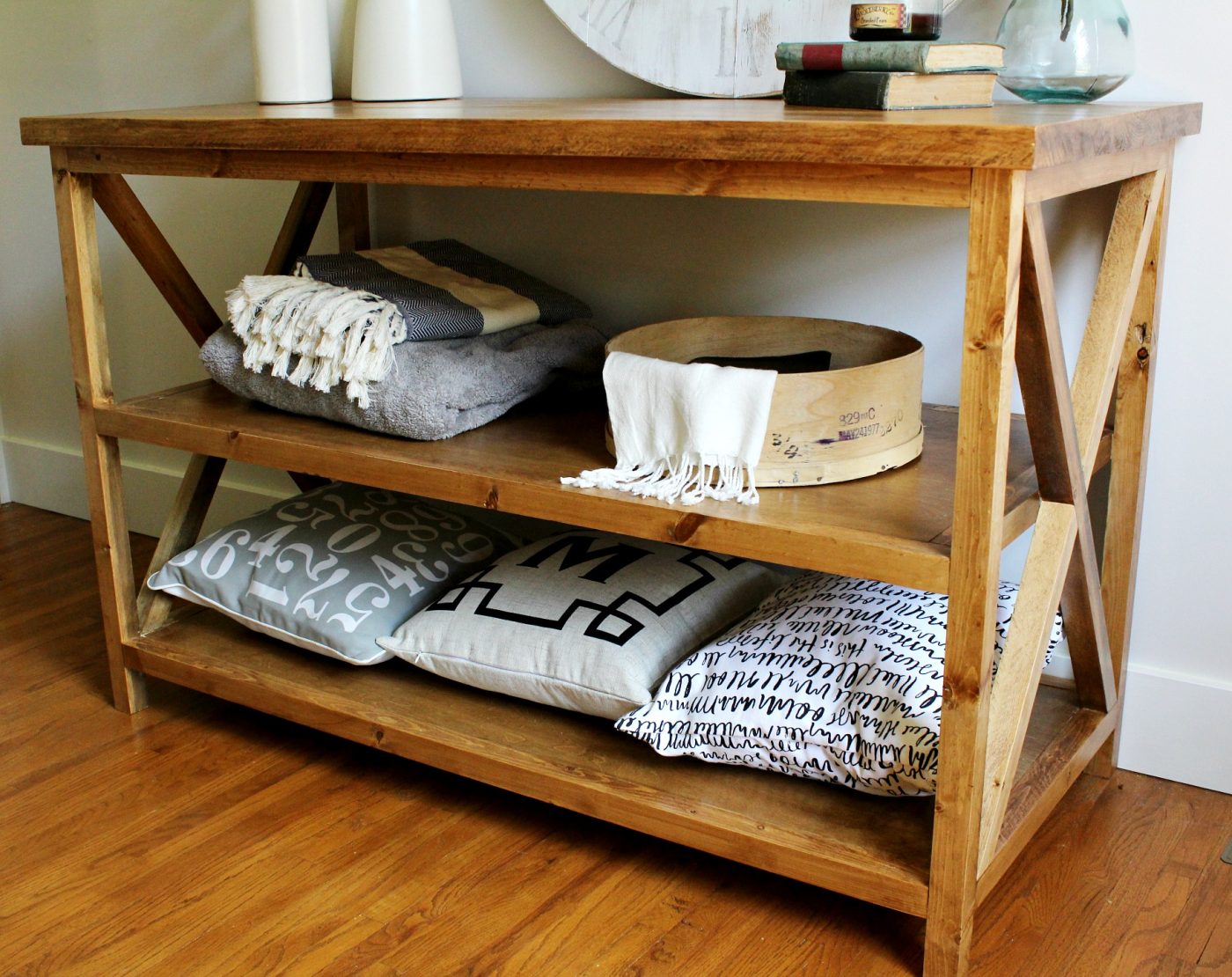DIY X Base Console Table stained with Minwax Early American and finished with Minwax Polycrylic