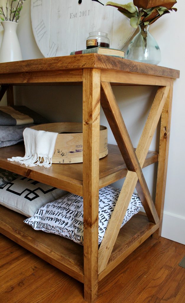 DIY X Base Console table with open shelf--looking at the front right angle