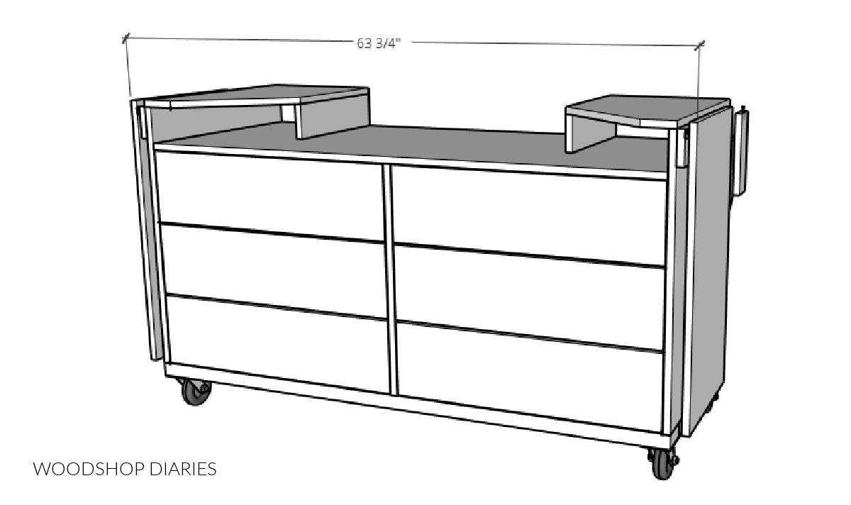 dimensional diagram of mobile miter saw stand with extension wings folded down