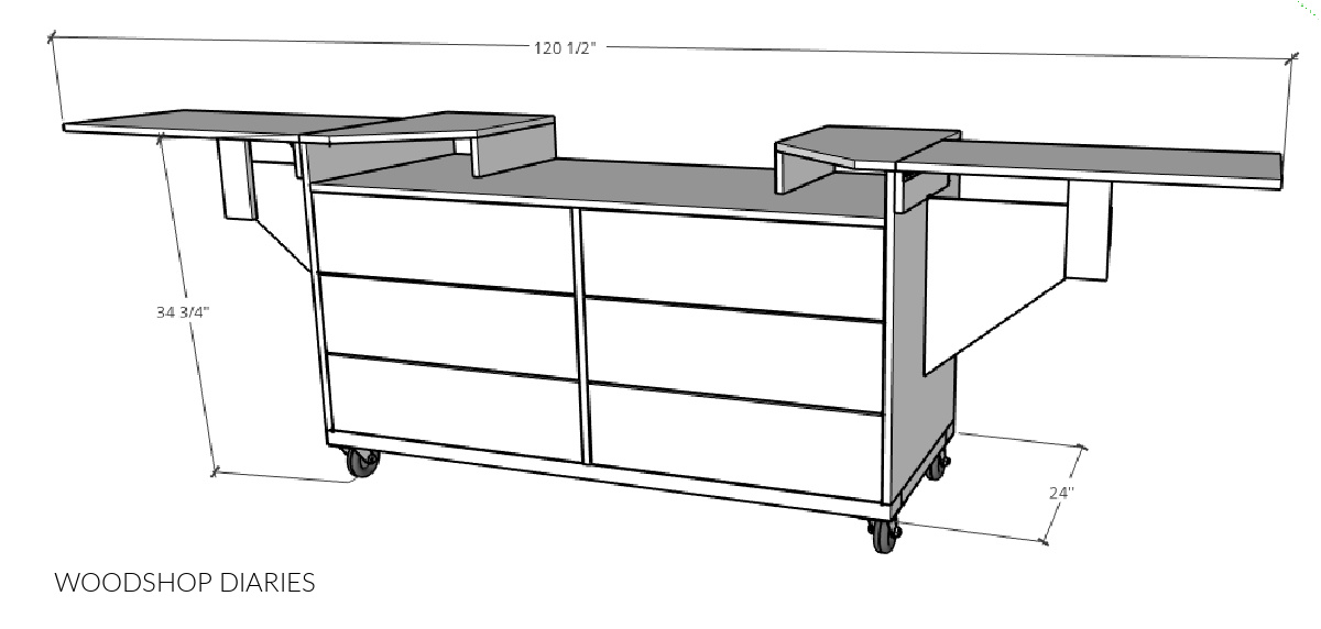 Dimensional diagram of DIY miter saw stand with wings expanded on each side