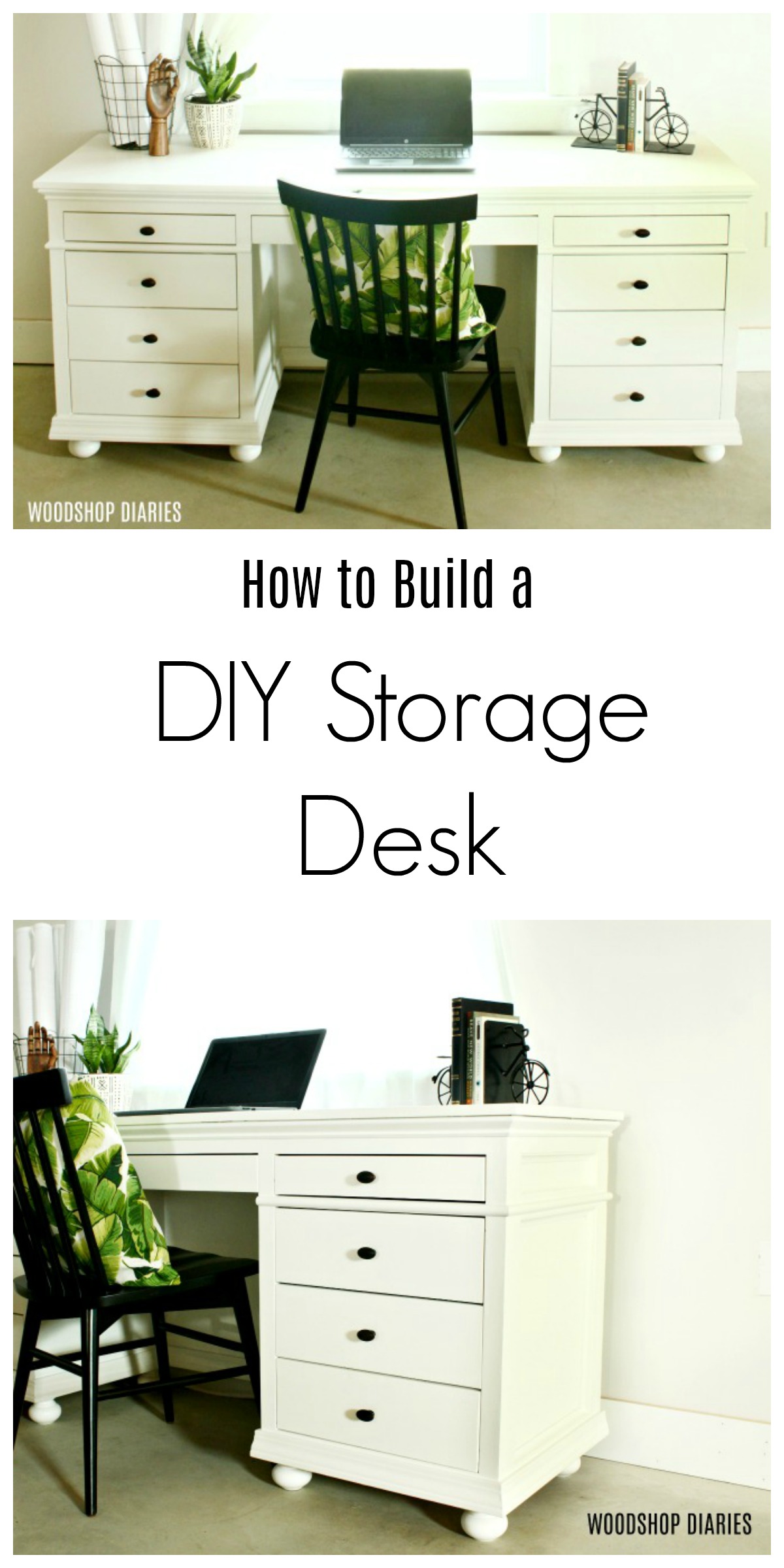 Pinterest collage image showing completed DIY Storage Desk with 9 Drawers