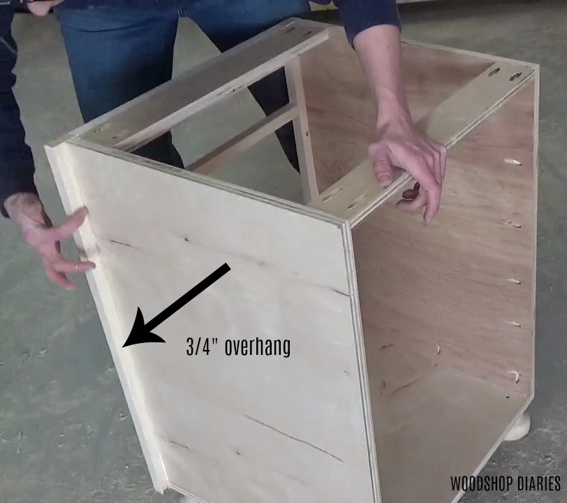 Close up showing face frame overhang on side of cabinet