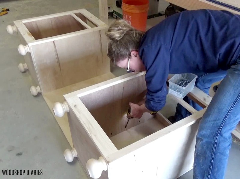 Shara Woodshop Diaries securing desk cabinets to front panel with pocket hole screws