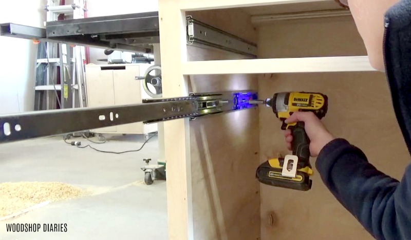 Shara Woodshop Diaries installing drawer slides into storage desk