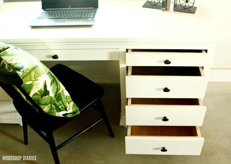 DIY Storage Desk with four drawers open 
