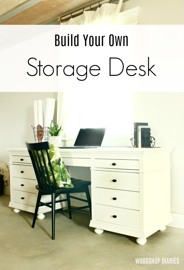 Large white storage desk with 9 drawers with text overlay "build your own storage desk"