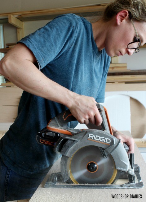 Shara Woodshop Diaries cutting red oak plywood with circular saw