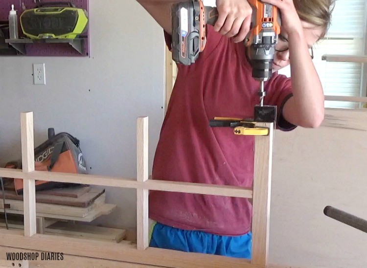 Shara Woodshop Diaries drilling dowel holes to assemble door frame for glass door linen cabinet