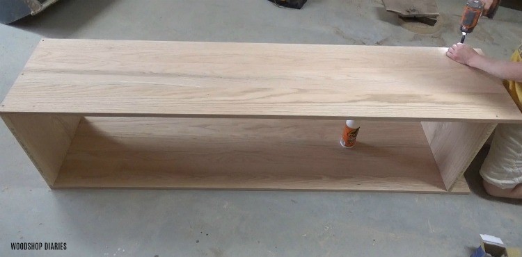 Shara Woodshop Diaries assembling DIY linen cabinet box with wood screws