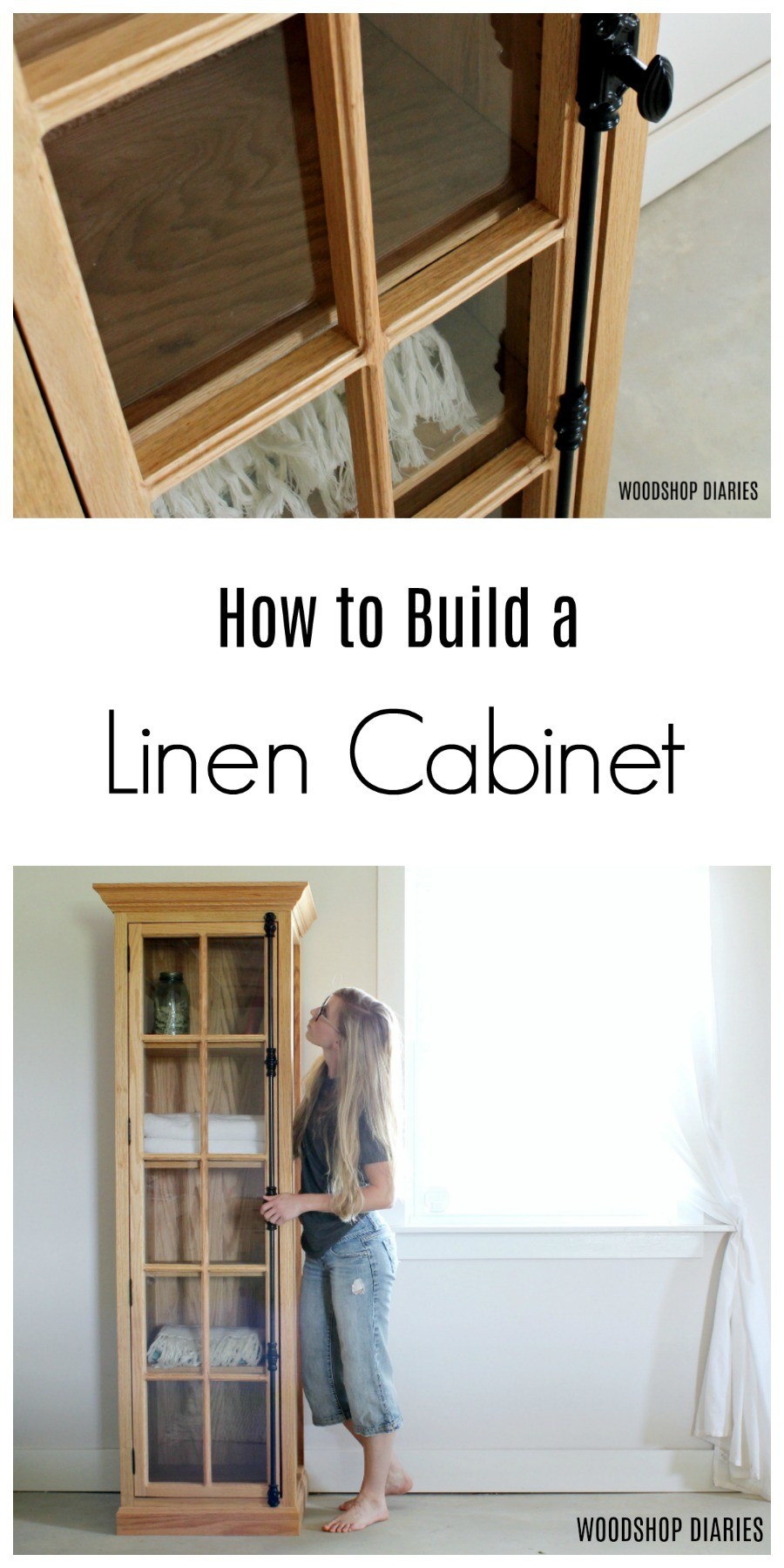 Pinterest collage image showing close up of linen cabinet cremone bolt at top and completed linen cabinet with glass door at bottom with text "how to build a linen cabinet"
