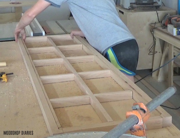 Shara Woodshop Diaries dry fitting door frame together on workbench