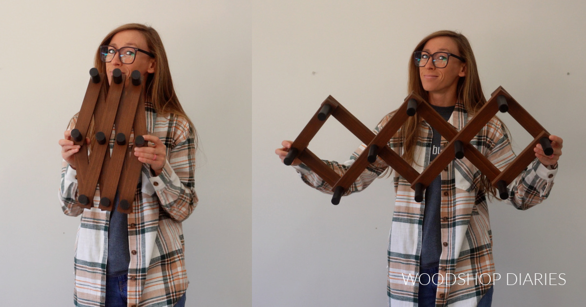 Shara Woodshop Diaries demonstrating how hat rack opens and closes