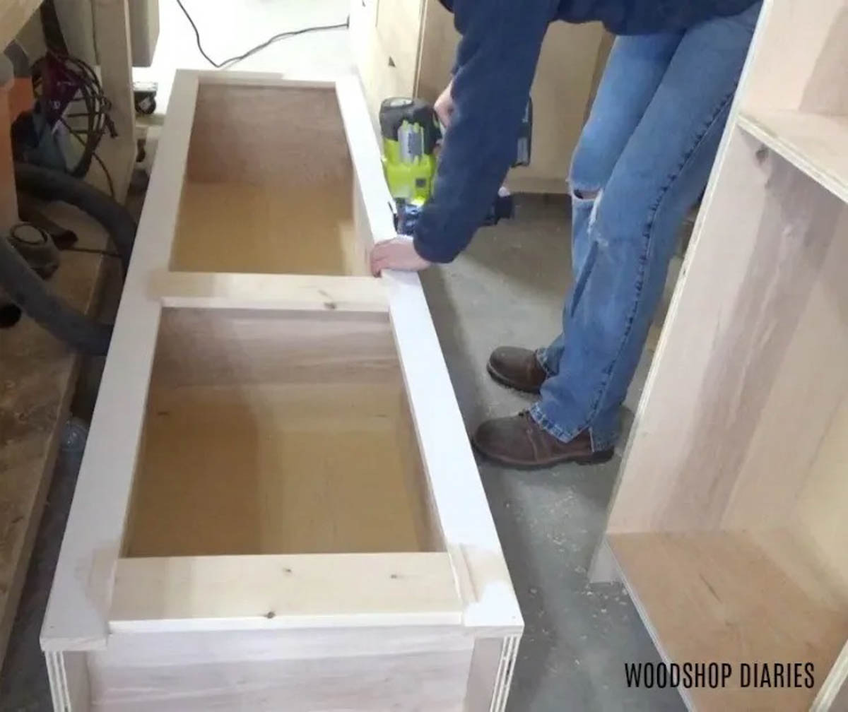 Shara Woodshop Diaries nailing face frame onto cabinet boxes