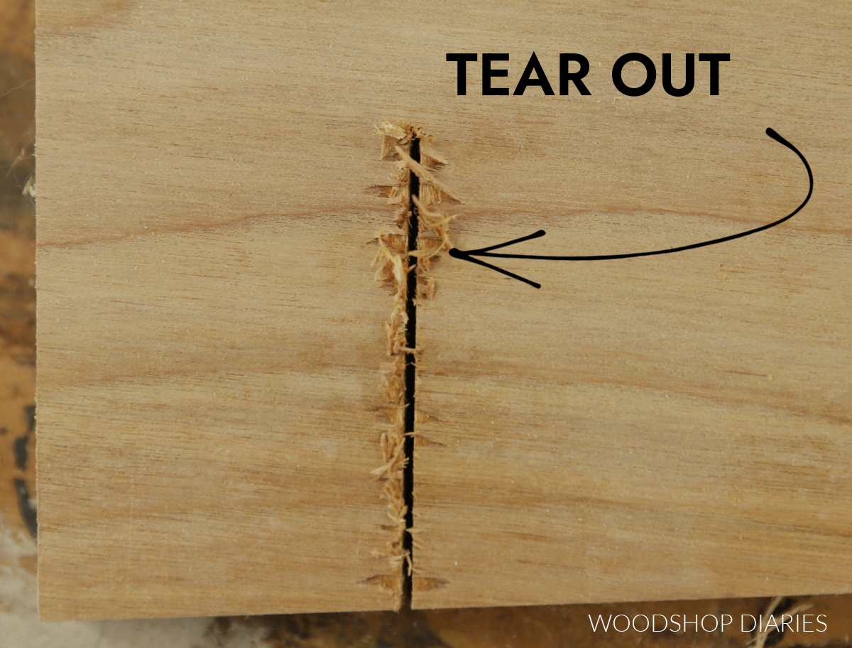 Close up of rough tear out cut on plywood panel
