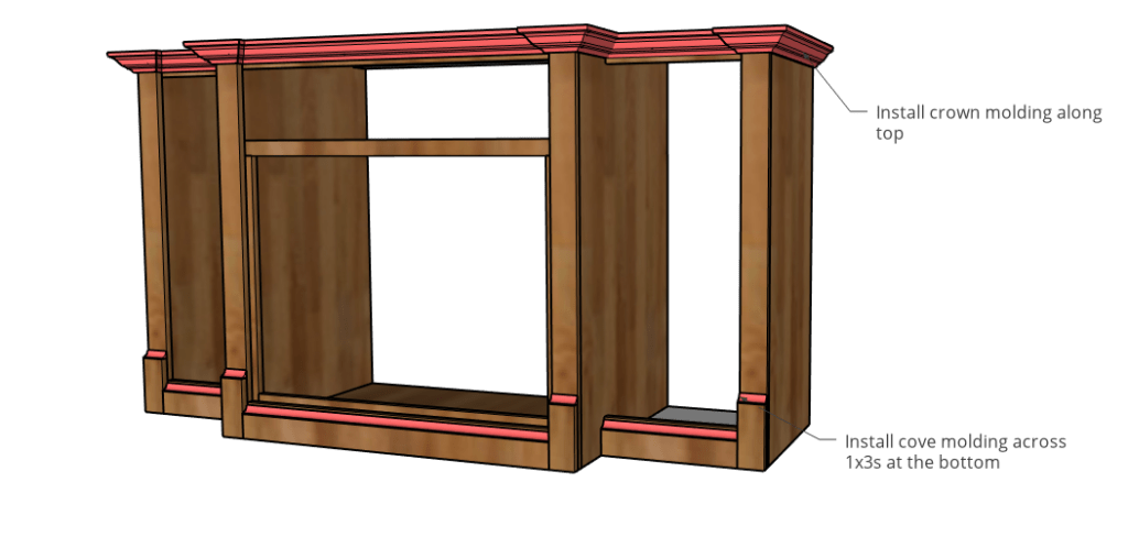 Cove and crown molding added along top and bottom edges of dog crate cabinet