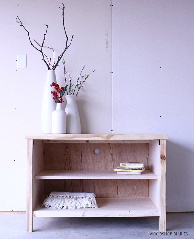 Vertical view of unfinished DIY cabinet shelf