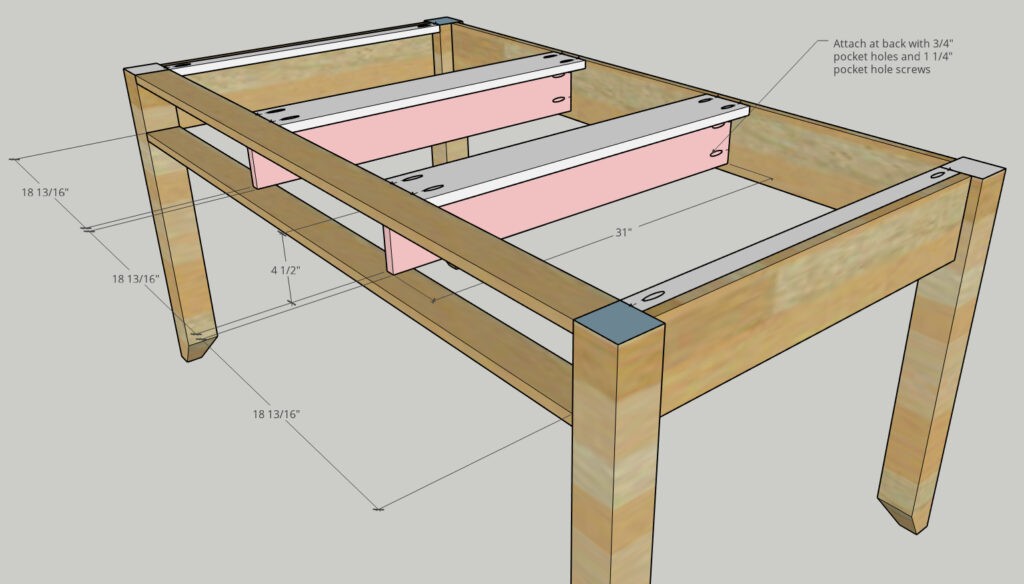 Middle drawer bracing supports installed into desk frame diagram