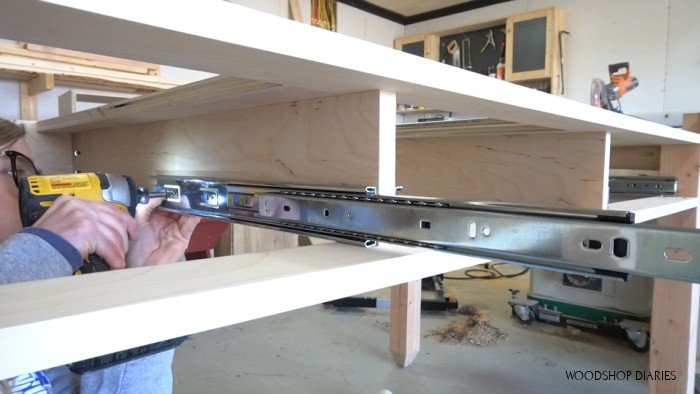 Shara Woodshop Diaries installing drawer slides into DIY writing desk