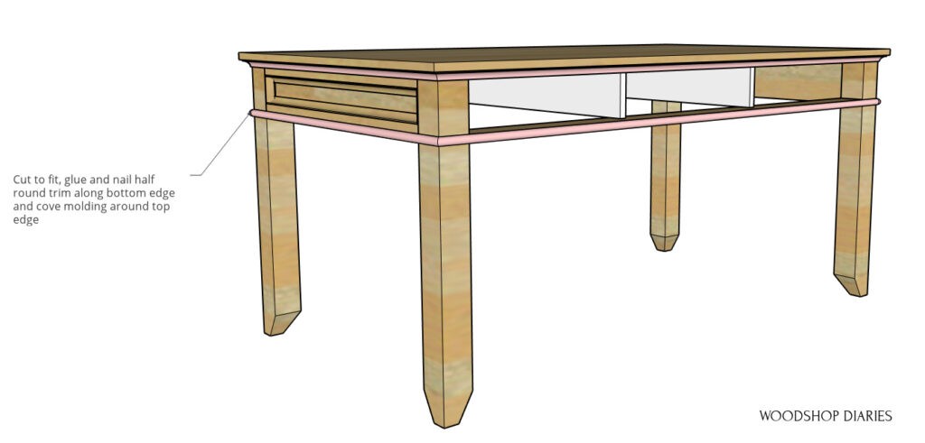 Half round and cove molding highlighted in pink on writing desk diagram