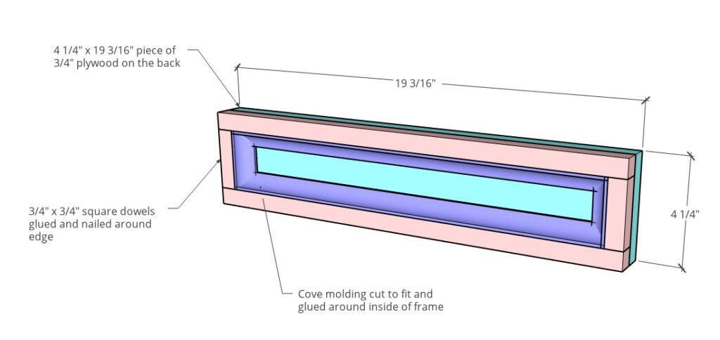 Desk drawer front diagram showing plywood backing, with square dowels and cove molding on top