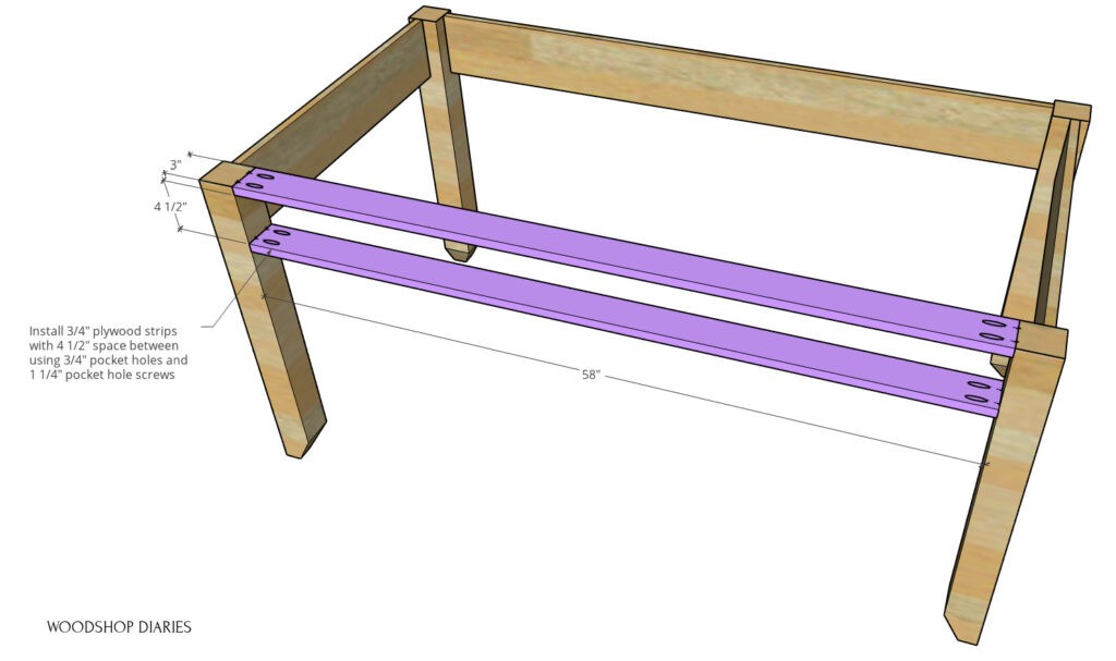 Front supports of DIY writing desk assembly diagram--pieces highlighted in purple