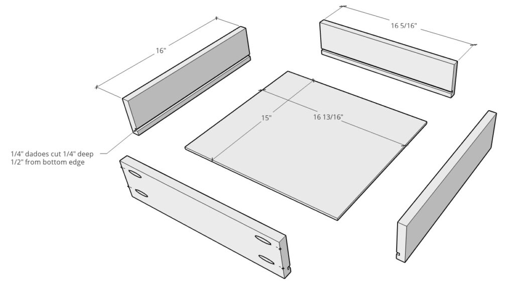 Exploded diagram of drawer box cuts and pieces