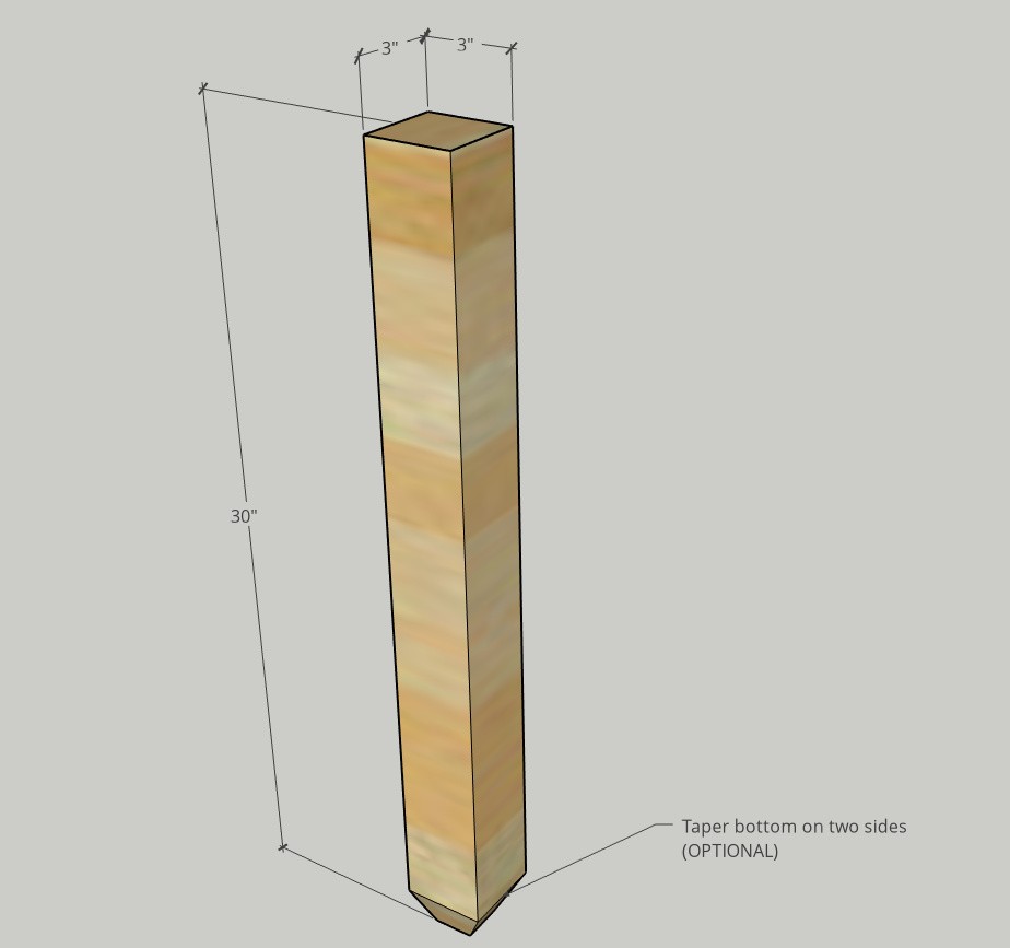 Diagram of leg posts used for desk legs--showign 3" x 3" overall dimension and tapered end