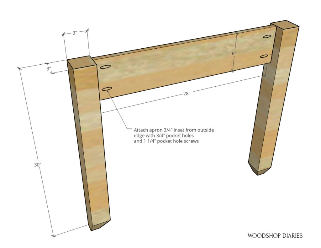 Diagram of side panel assembly with 6" wide apron attached between 30" long legs