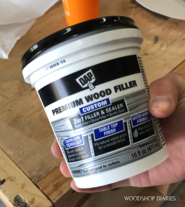 Close up shot of DAP premium wood filler container