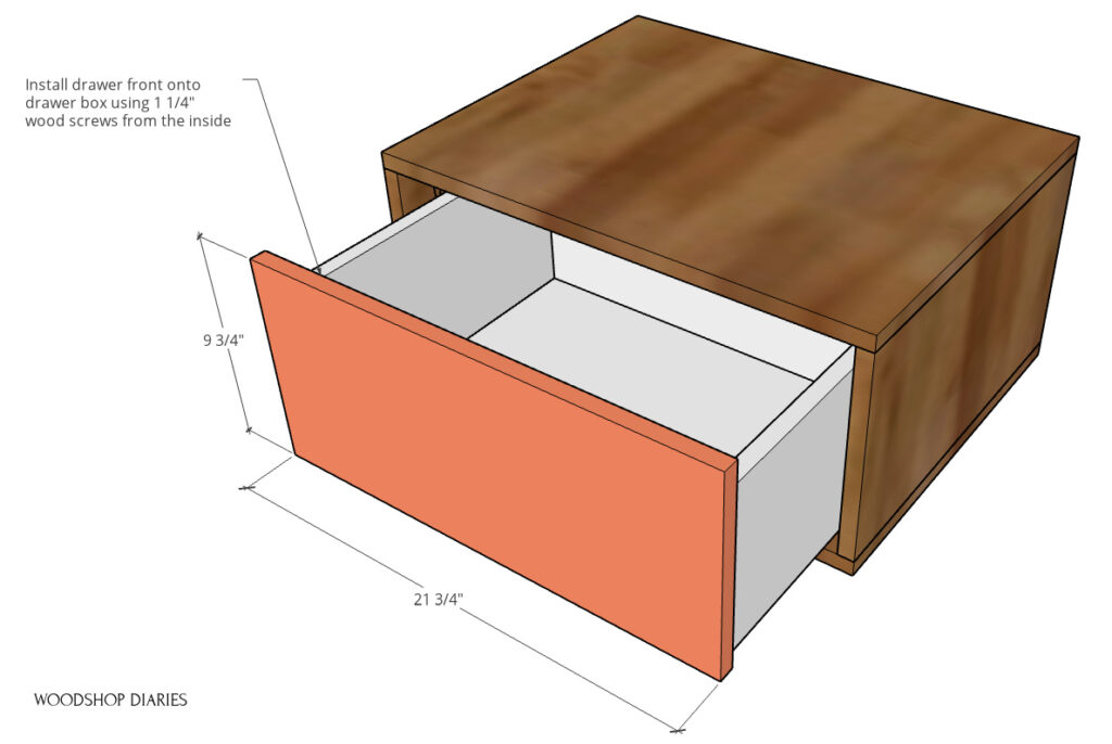 diagram showing drawer front installed onto drawer box