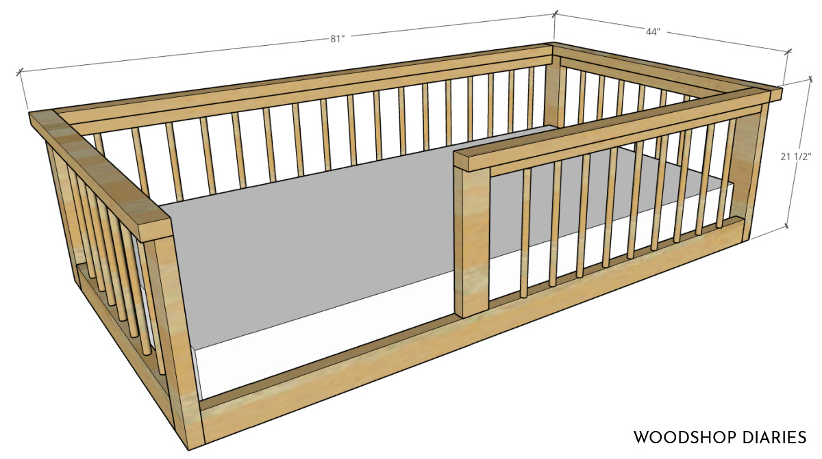 Overall dimensional diagram of DIY toddler floor bed--21 ½" tall, 44" deep, 81" wide.