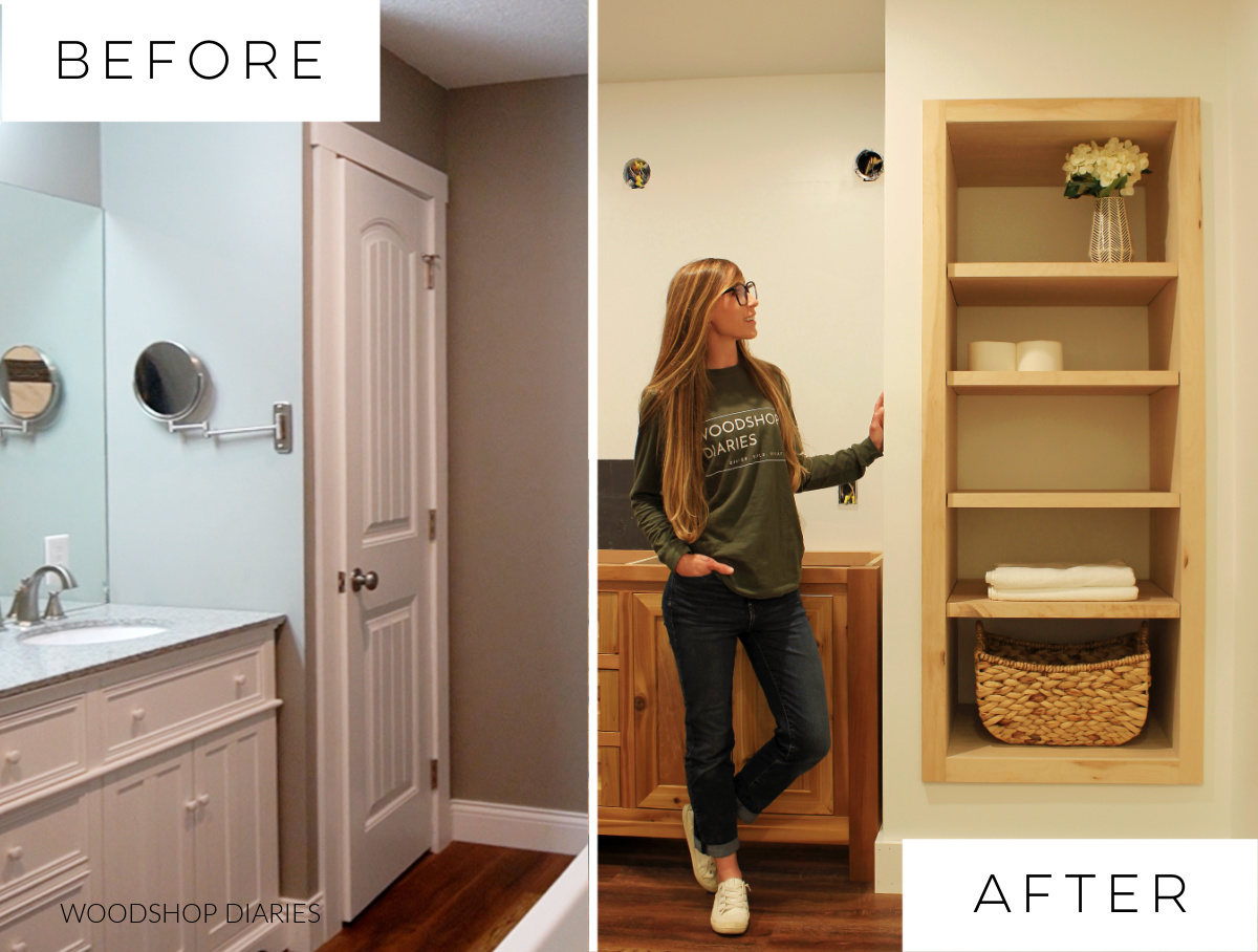 Before and after collage showing closet door before and open shelving after in the same space
