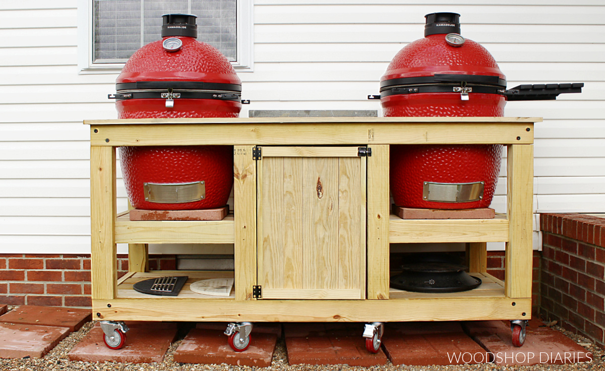 Mobile grill cart with two ceramic grills inside