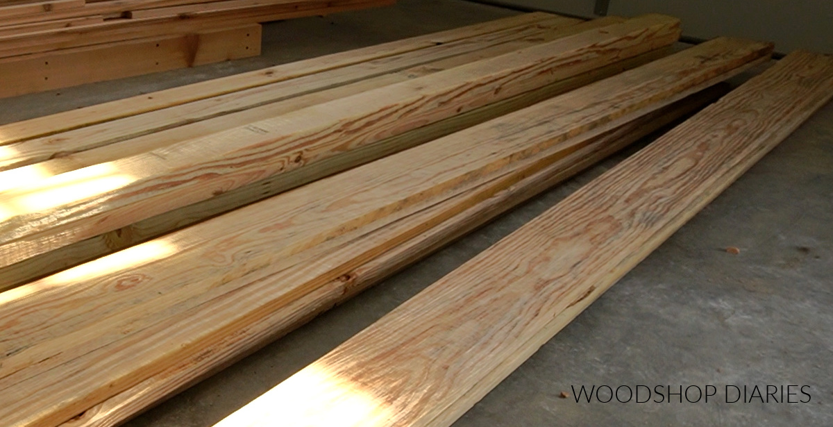 Pressure treated lumber on workshop floor