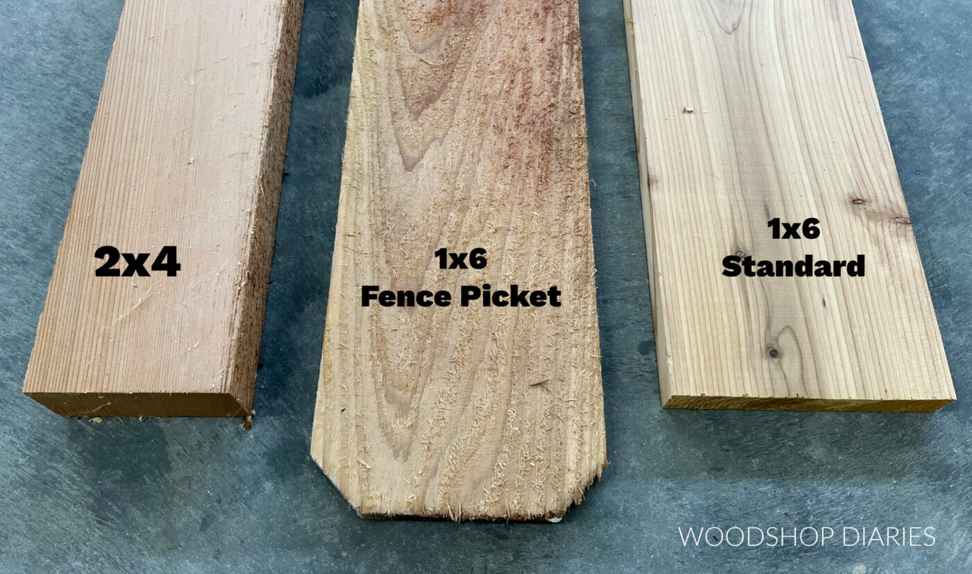 cedar 2x4, fence picket, and 1x6 boards laying side by side for comparison
