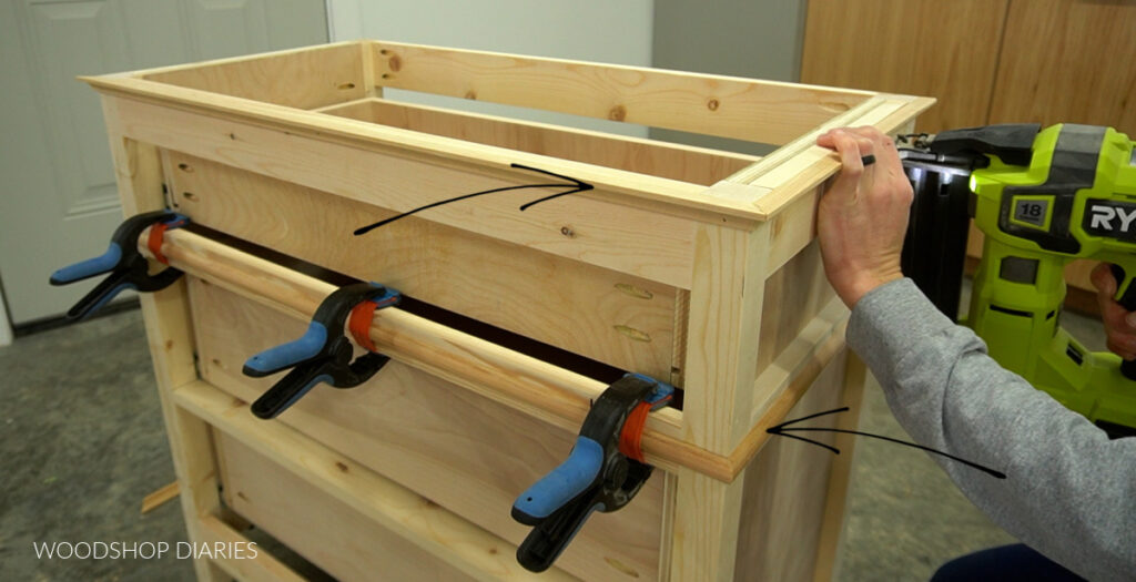 Shara Woodshop Diaries nailing cove molding around nightstand top edge