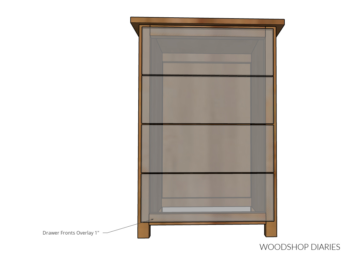 Computer drawn diagram with translucent overlay drawer fronts