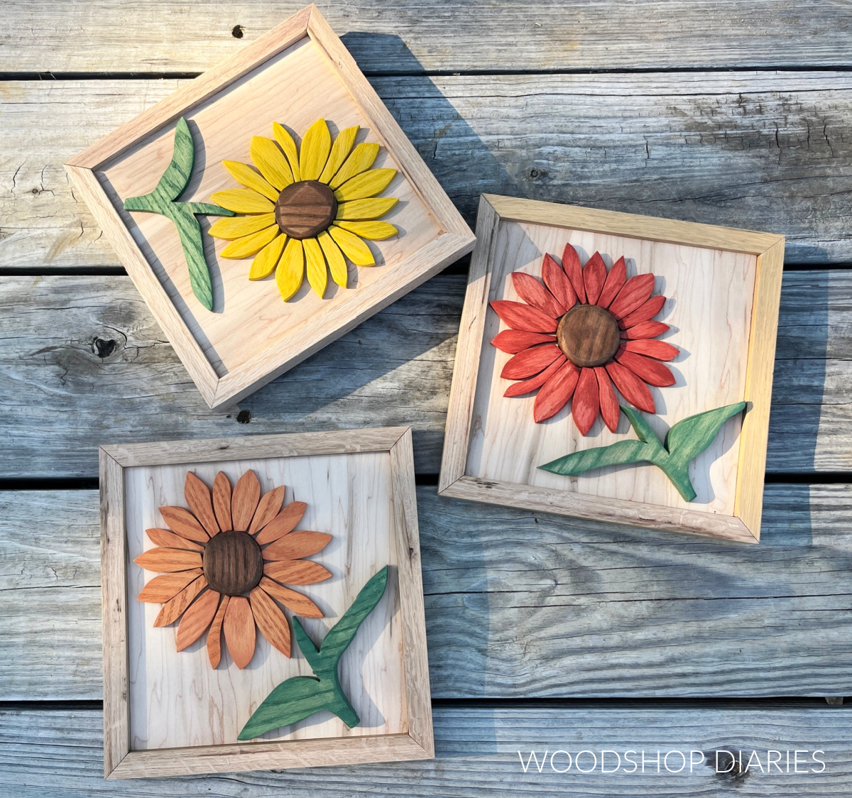 Scrap wood sunflowers stained different colors
