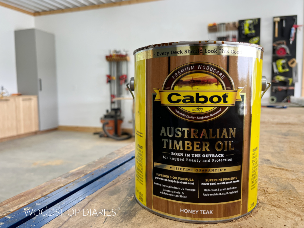 Can of Cabot Australian Timber Oil on workbench
