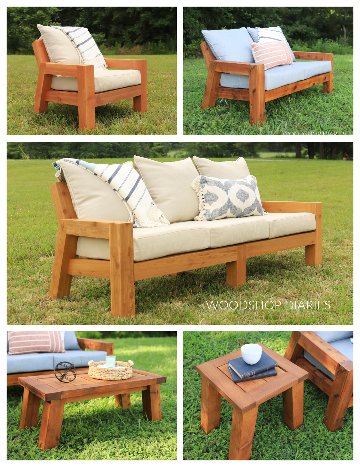 Collage of 5 matching wooden outdoor furniture pieces--sofa, loveseat, chair, coffee table, and side table