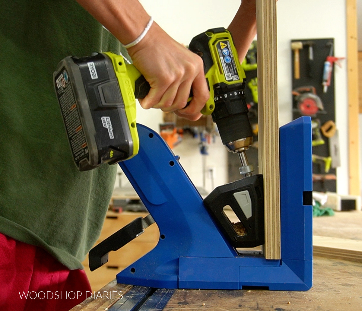 Shara Woodshop Diaries drilling pocket holes in plywood