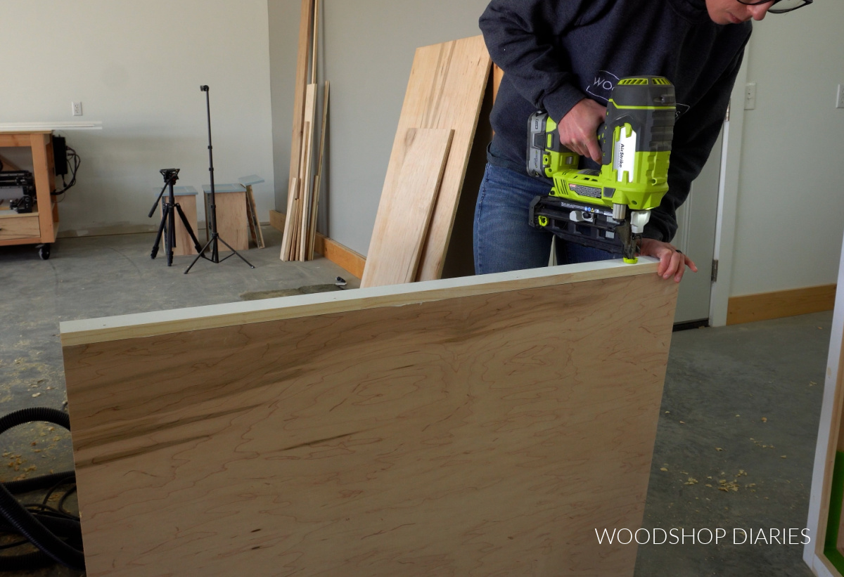 Shara Woodshop Diaries assembling countertop support for next to washing machine using nailer to attach 1x3 to plywood panel