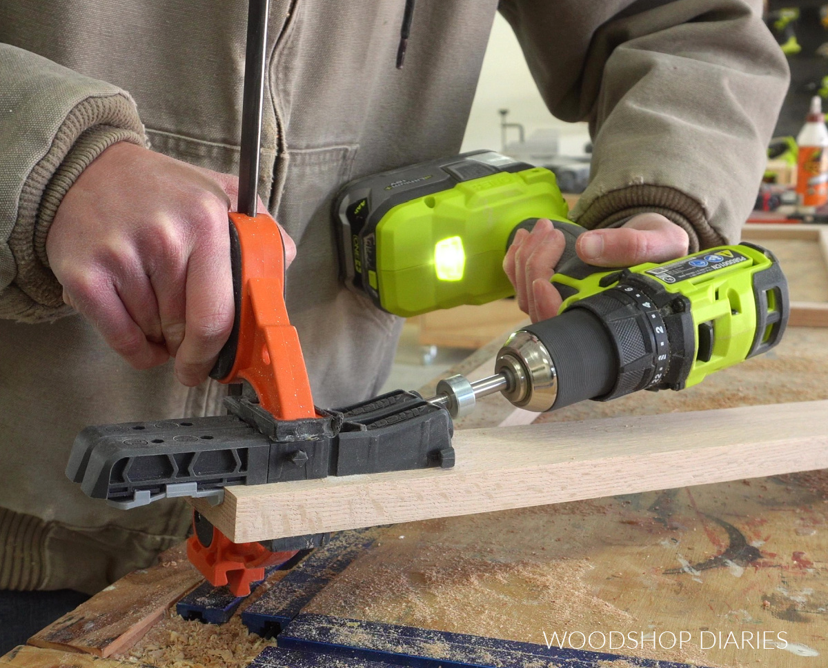Close up of drilling pocket holes with Kreg Micro Pocket Hole Jig