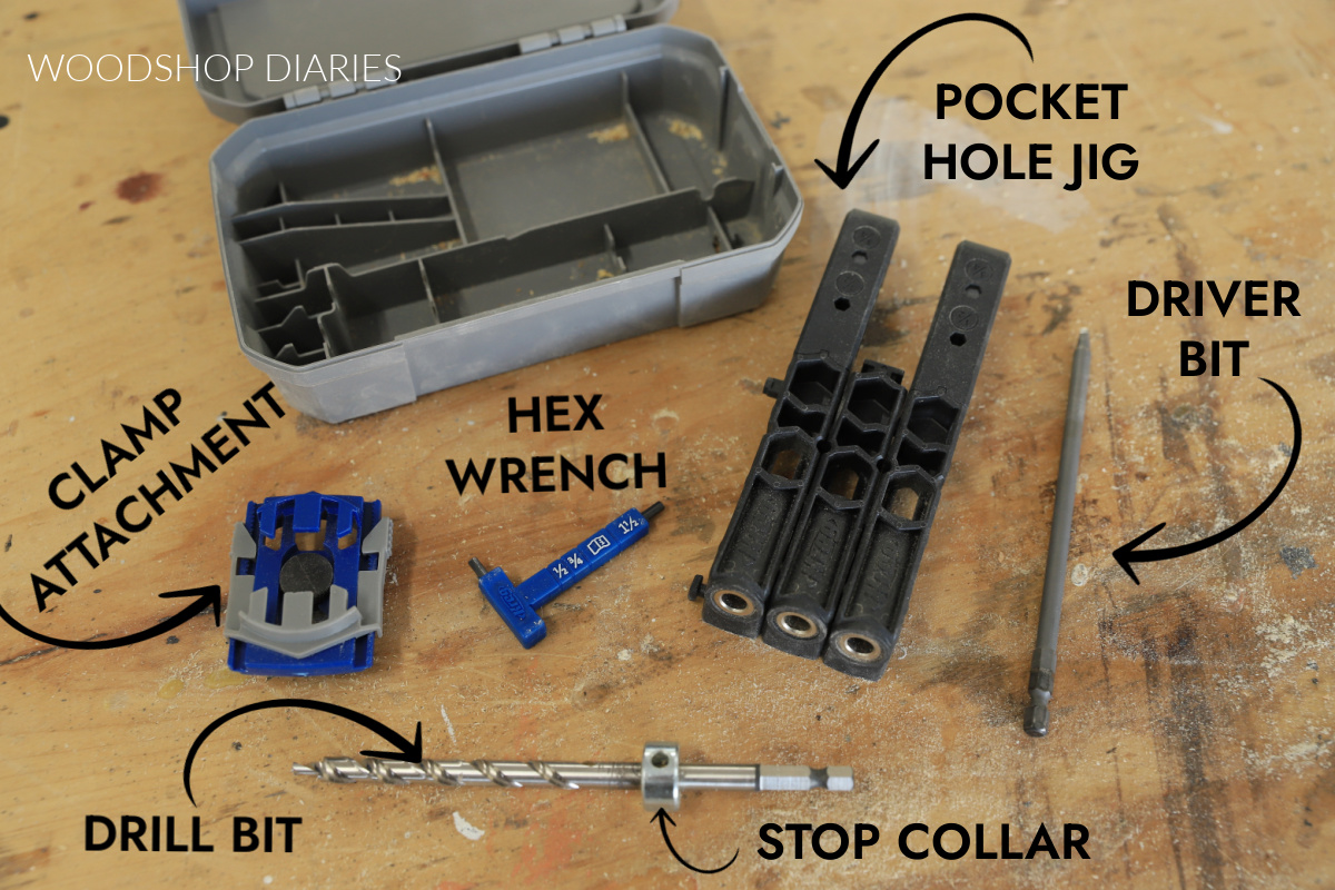 Kreg Micro Pocket Hole Jig and accessories laid out on workbench with labels showing names of each piece