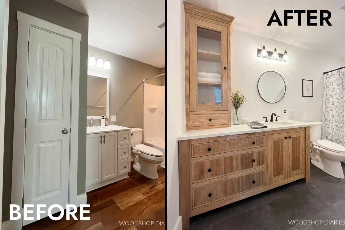 Side by side collage of before and after bathroom remodel
