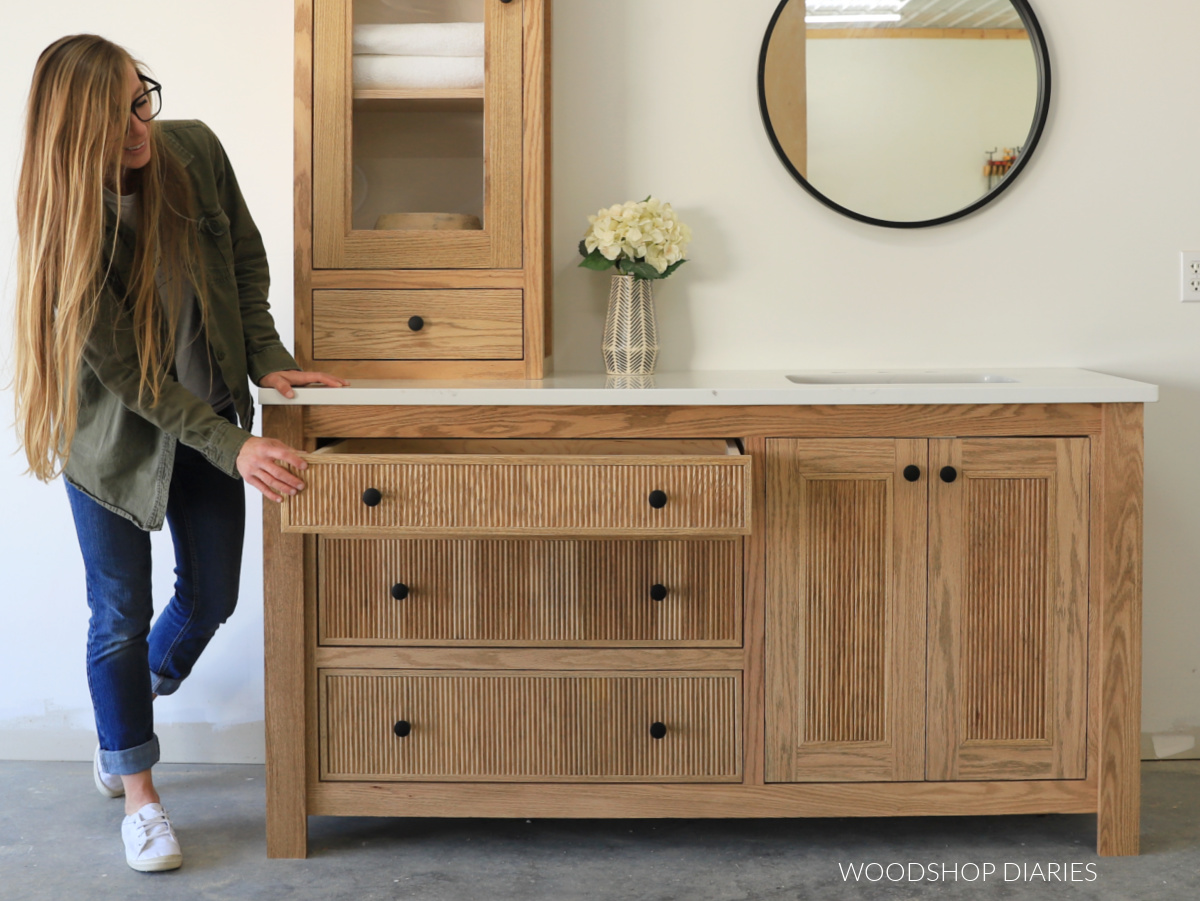 Shara Woodshop Diaries closing top fluted drawer front on bathroom vanity