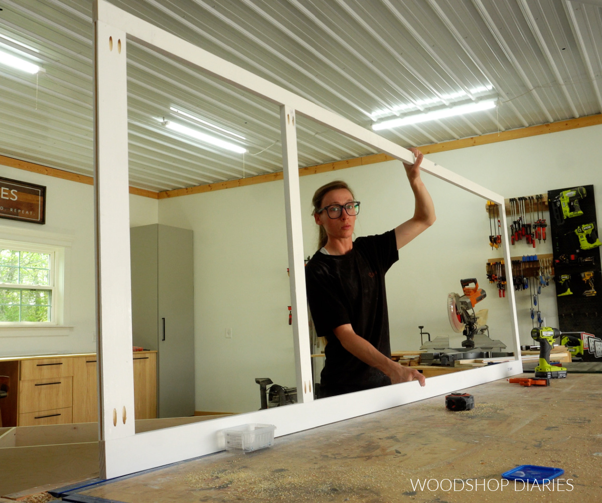 Shara Woodshop Diaries assembling face frame on workbench