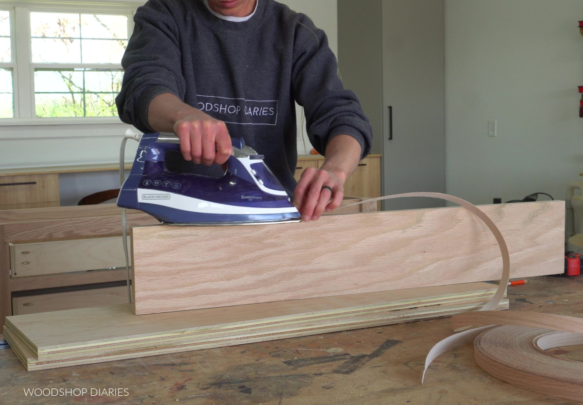applying iron on edge banding to plywood drawer front