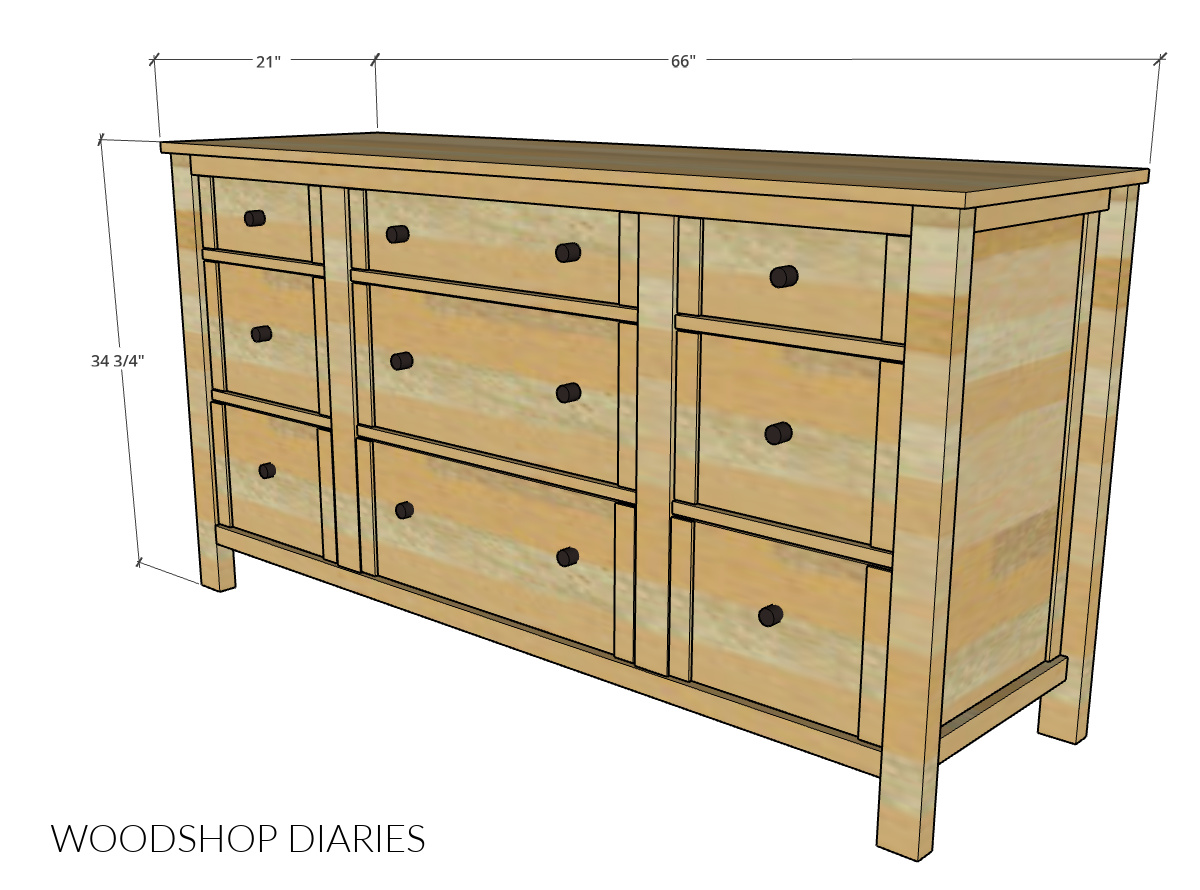 Overall dimensional diagram showing size of 9 drawer dresser build