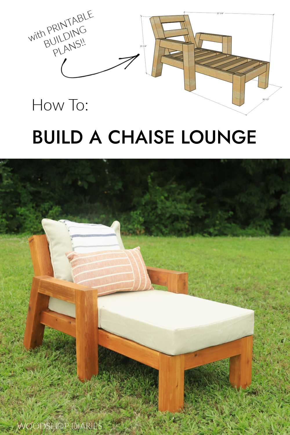 Pinterest collage image showing dimensional diagram at top and completed DIY outdoor chaise lounge chair at bottom